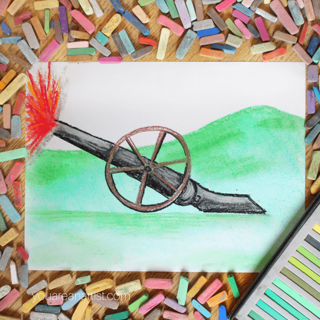 Civil War cannon art lesson: Nana's Civil War Hands-On Homeschool Lessons and the I Drew It Then I Knew It American History notebook complement your Civil War homeschool studies.
