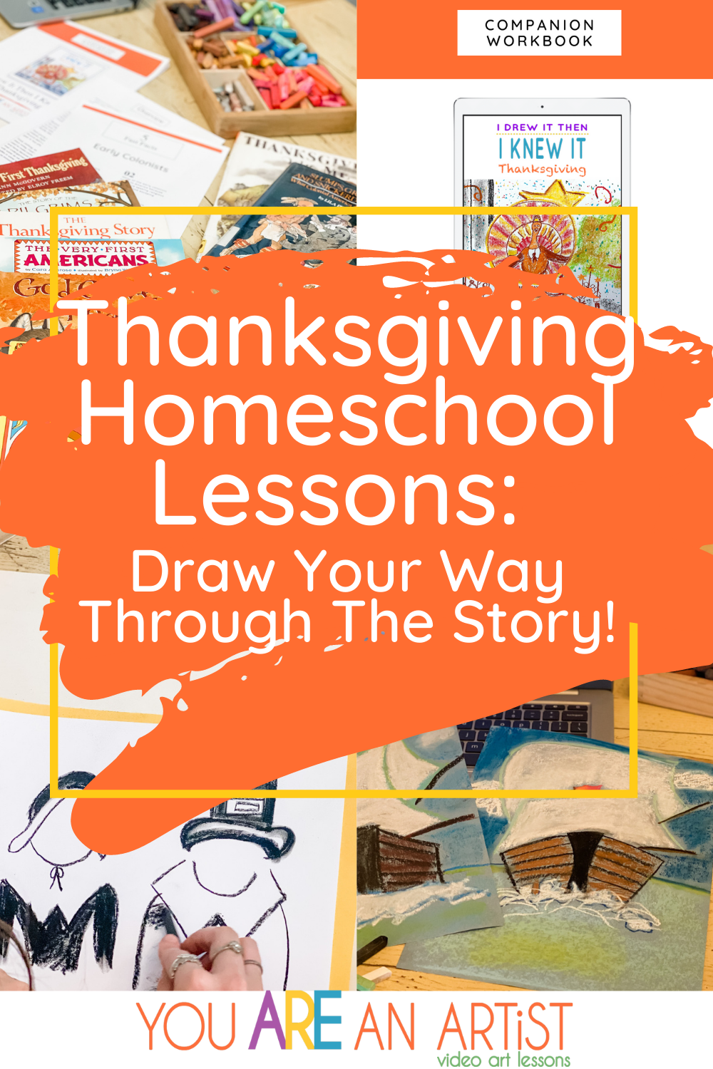 Let us inspire you to include our homeschool lessons as you draw your way through the story of Thanksgiving with chalk pastels! #homeschoolart #thanksgivingactivities #chalkpastels #artcurriculum 
