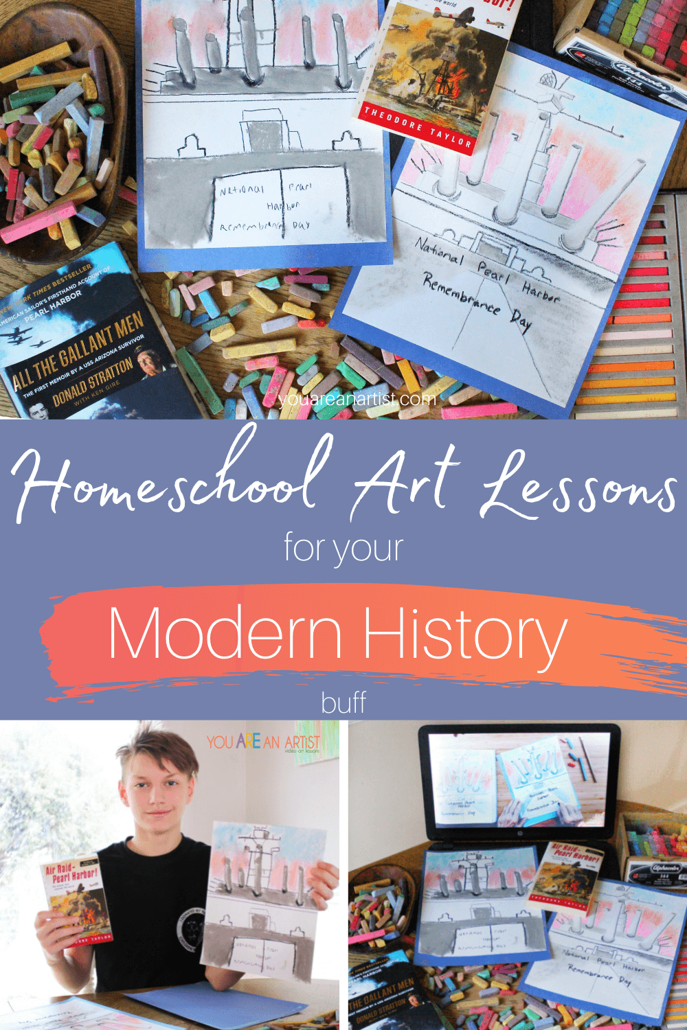 Homeschool Art Lessons for Your Modern History Buff: These modern history art lessons are perfect for adding a bit of art to your homeschool history studies! These lessons are also excellent for history buffs, young and old. #modernhistory #modernhistoryresources #modernhistoryartlessons #pearlharbor #homeschoolartlessons #YouAREAnArtist #chalkpastels