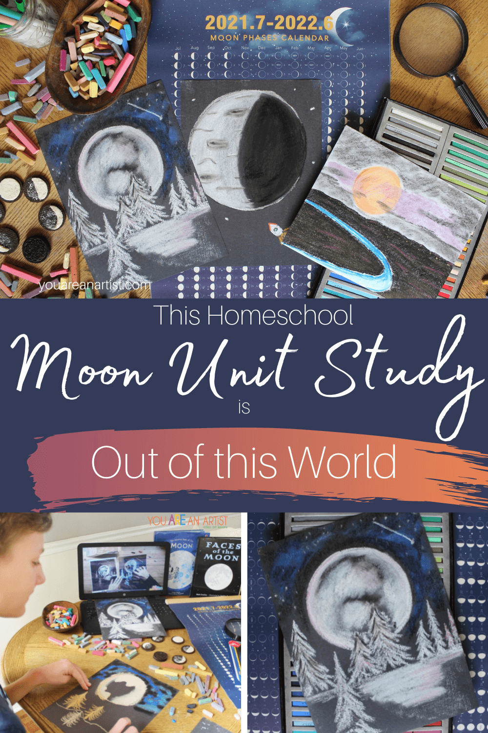 This Homeschool Moon Unit Study Is Out Of This World: Moon activities, books, and fun art lessons for all ages! Learn about moon phases and more with this homeschool moon unit study! #moonunit #moonactivities #moonunitstudy #phasesofthemoon #onlinehomeschoollessons #moonphaseunitstudy