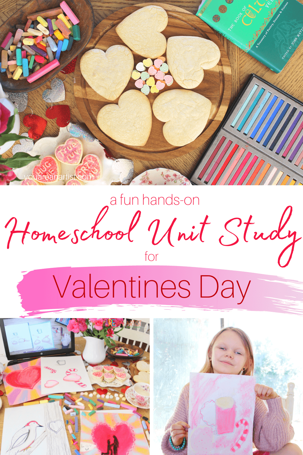 A Fun Hands-On Homeschool Unit Study For Valentines Day: Learn the history of Valentine's day while enjoying some fun activities and art with this hands-on homeschool unit study for Valentine's day! #valentinesday #candyhearts #saintvalentine #valentinesdayart #valentinesdayfun #valentinesdayunitstudy #valentinesdayideas #valentinesdayresources