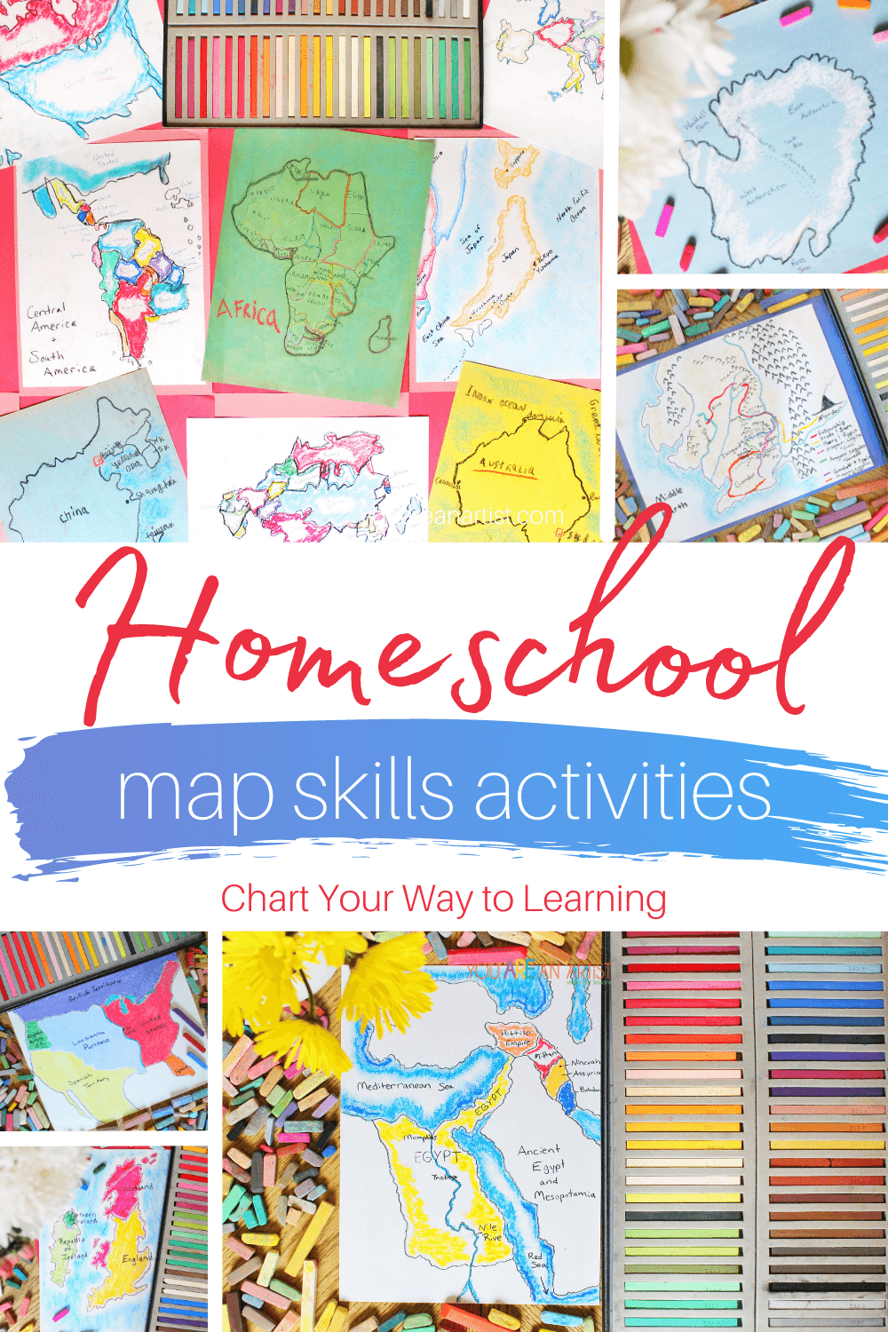 Homeschool Map Skills Activities Chart Your Way To Learning: Check out these homeschool map skills activities using chalk pastels! They are perfect for helping kids learn about maps and how maps work. You'll need a set of chalk pastels, a pack of construction paper, and your You ARE An Artist Clubhouse Membership! #maps #mapskills #mapsskillsforkids #homeschoolmapskills #homeschool
