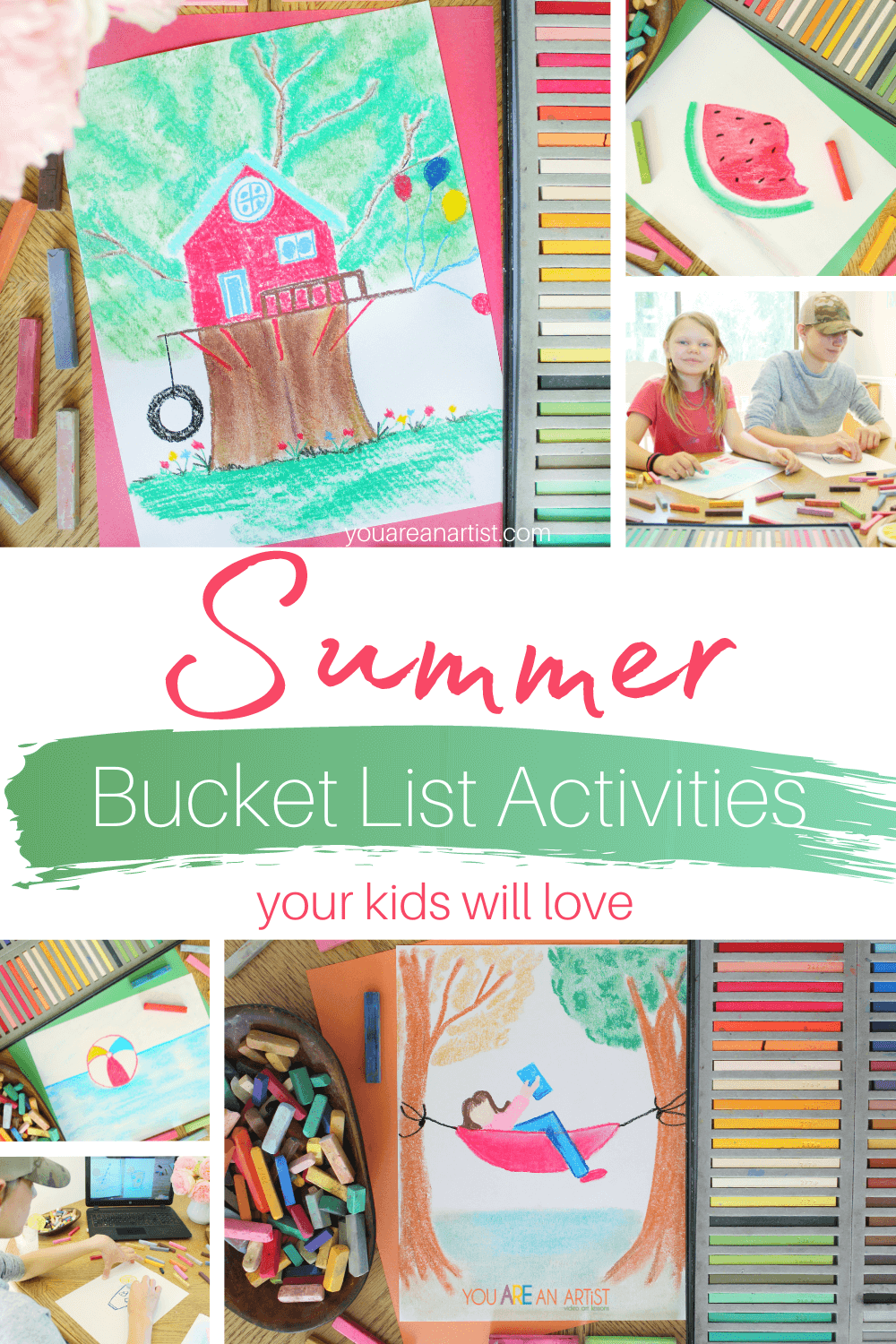 Summer Bucket List Activities Your Kids Will Love:Kick off summer with a summer bucket list of activities your kids will love! You'll need a starter pack of chalk pastels, construction paper, and You ARE An Artist Summer Camp Guide! #summercamp #summerartcamp #summerbucketlist #YouAREAnArtist 